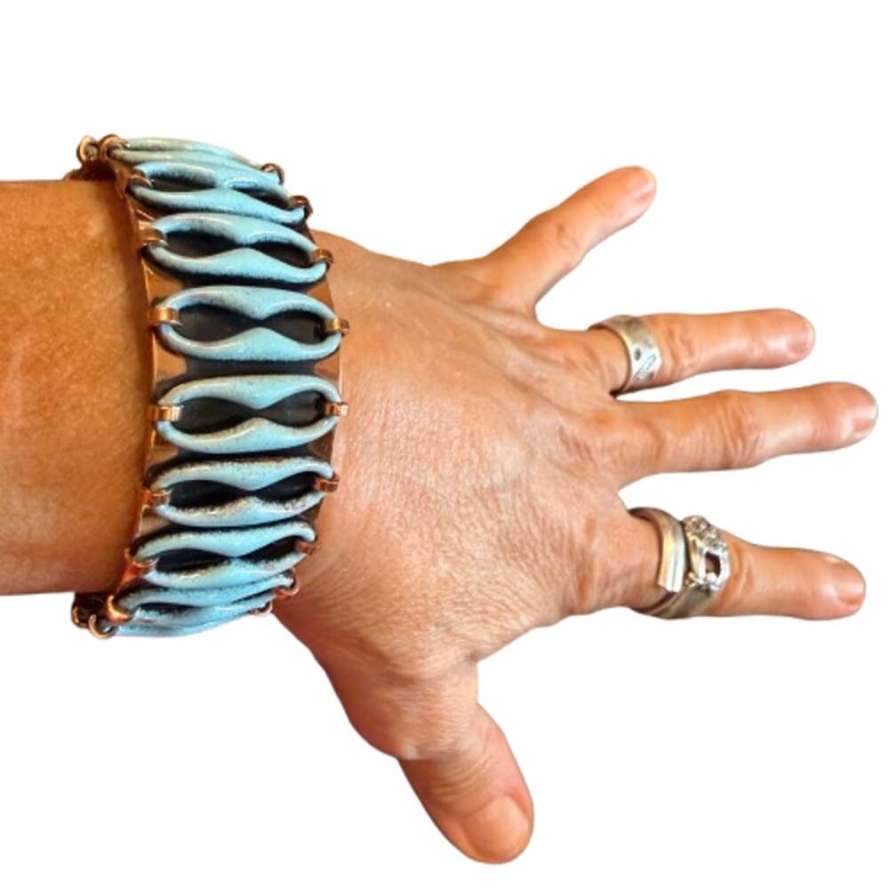 Vintage 50s Matisse Espana Copper Teal Enamel Cuff Bracelet